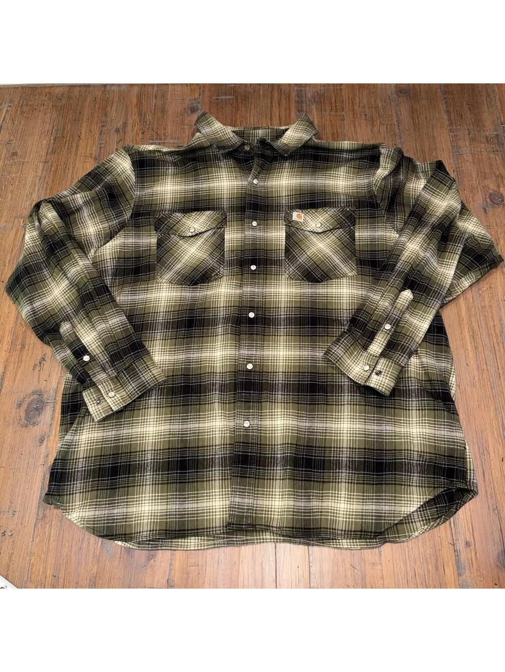 Carhartt Pearl Snap Plaid Flannel Shirt Mens XXL 2XL Relaxed Fit Green Rugged